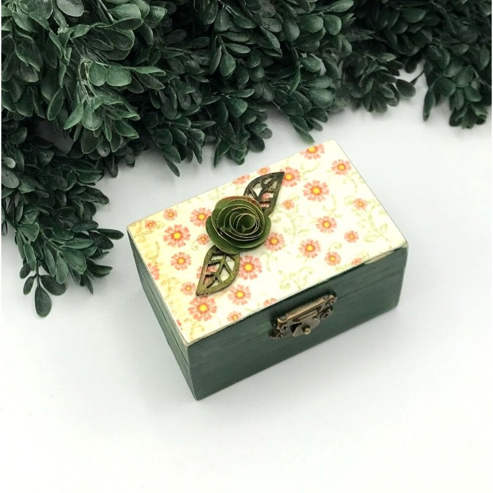 Decorative Small Green Wooden Trinket Box With Floral Design & Green Paper rose